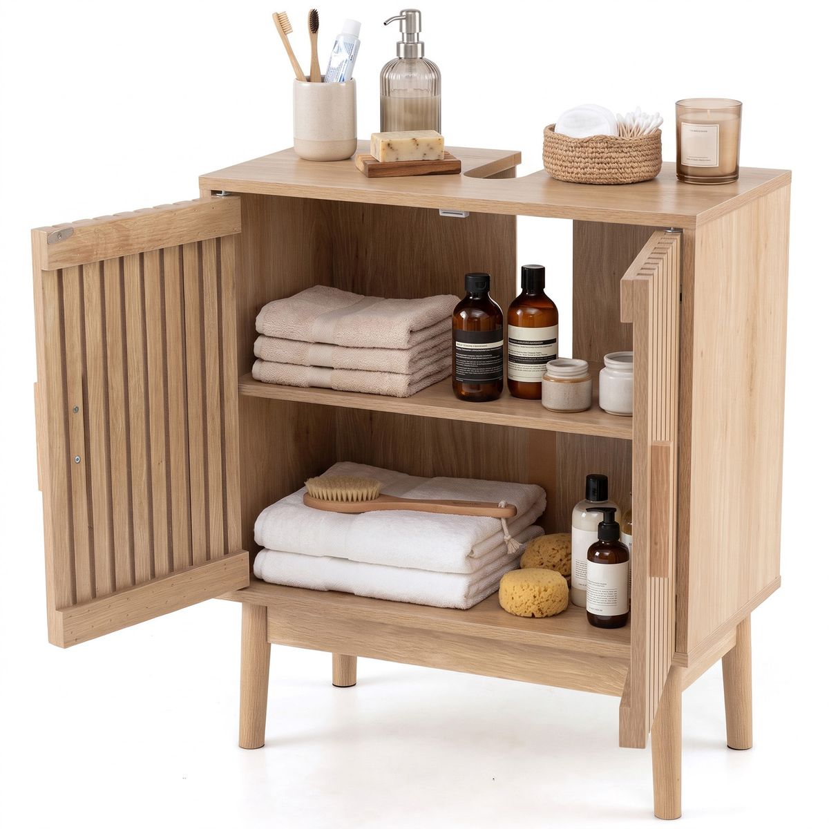 Meuble de salle de bains Coast sous-lavabo - 2 portes à lamelles - pieds en pin - aspect naturel - 60 x 30 x 70 cm