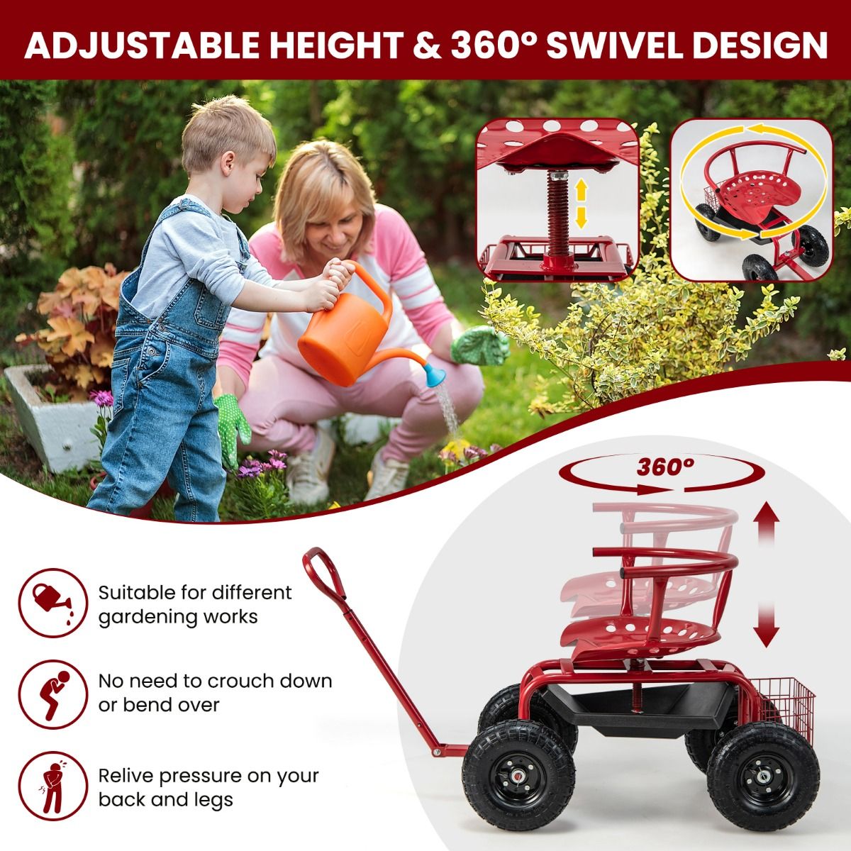 Chariot de jardin Coast avec siège à roulettes - poignée télescopique - espace de rangement - rouge