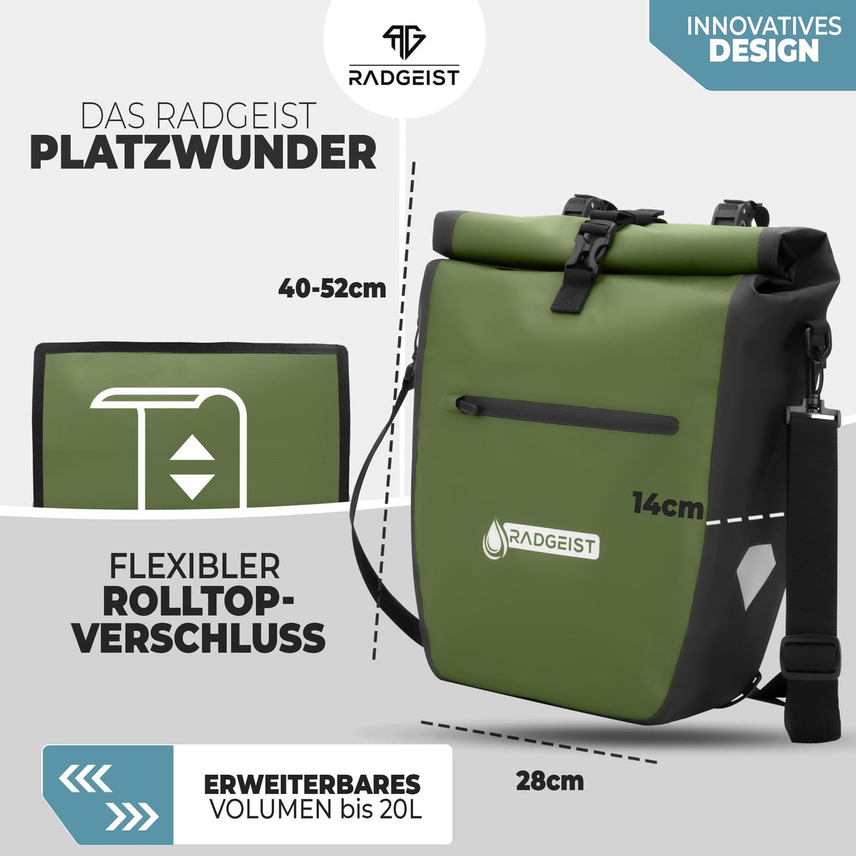 Sac à vélo radgeist pour porte-bagages, imperméable – avec bandes réfléchissantes – sac latéral 2-en-1