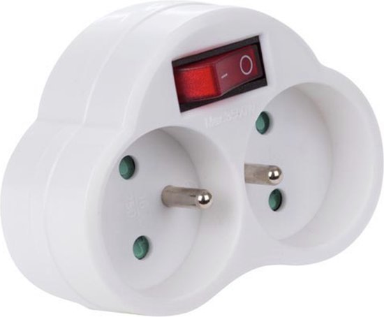 Perel Fiche de distribution avec interrupteur, 2 prises avec broche de terre (type E), polypropylène, usage intérieur, blanc