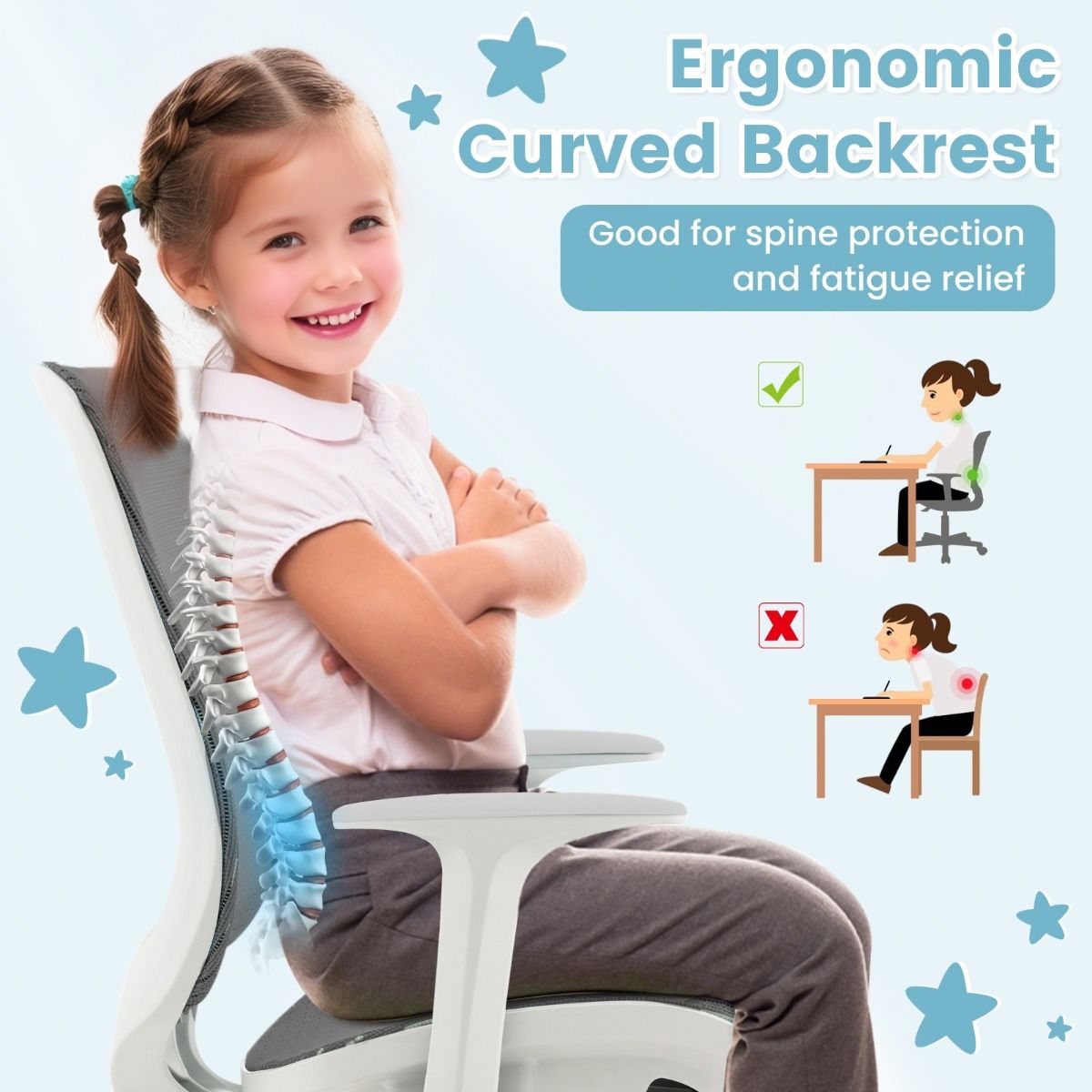 Chaise de bureau pour enfant Coast - réglable en hauteur - conception ergonomique - grise