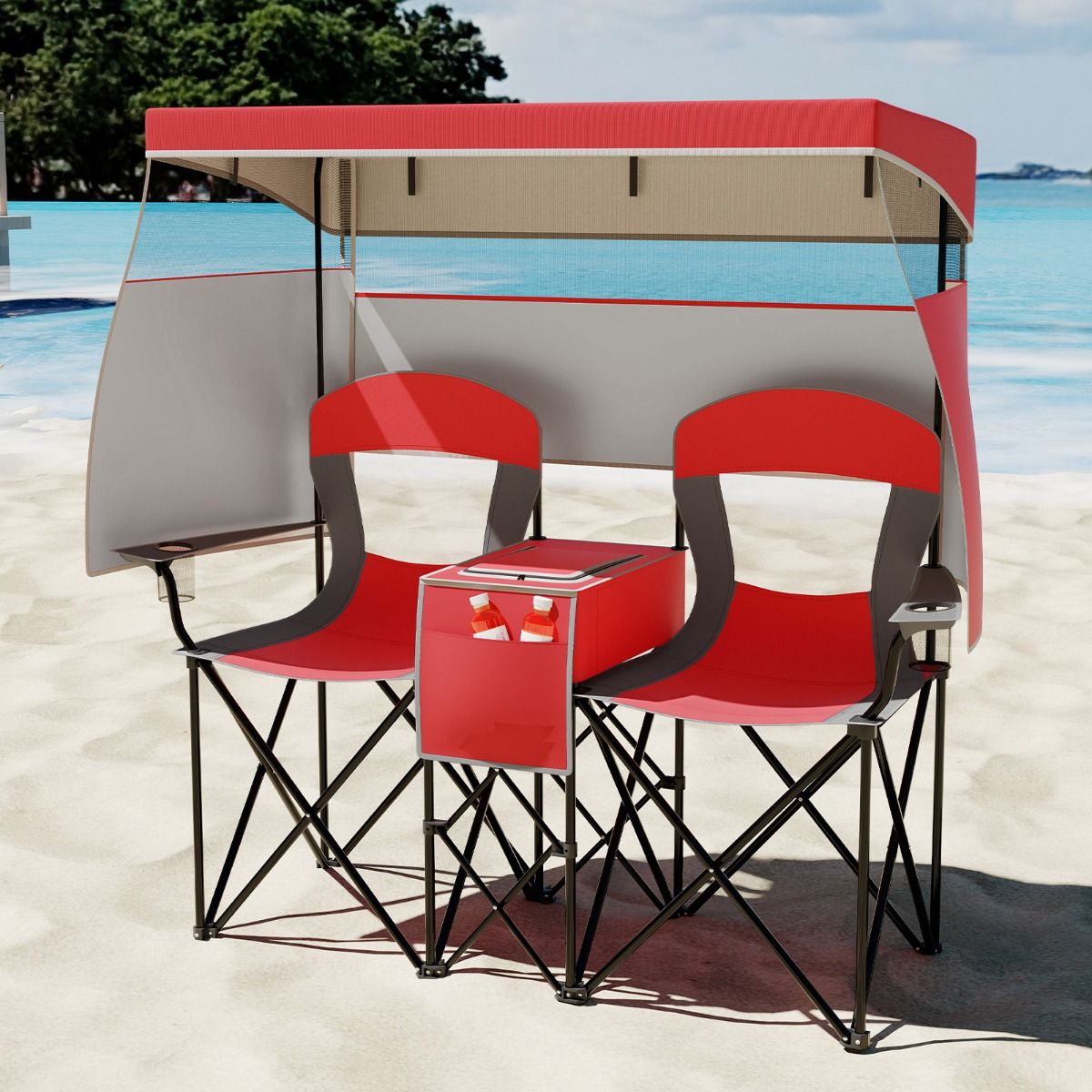 Chaise de camping double Coast - pare-soleil réglable - sac isotherme et porte-gobelets - rouge
