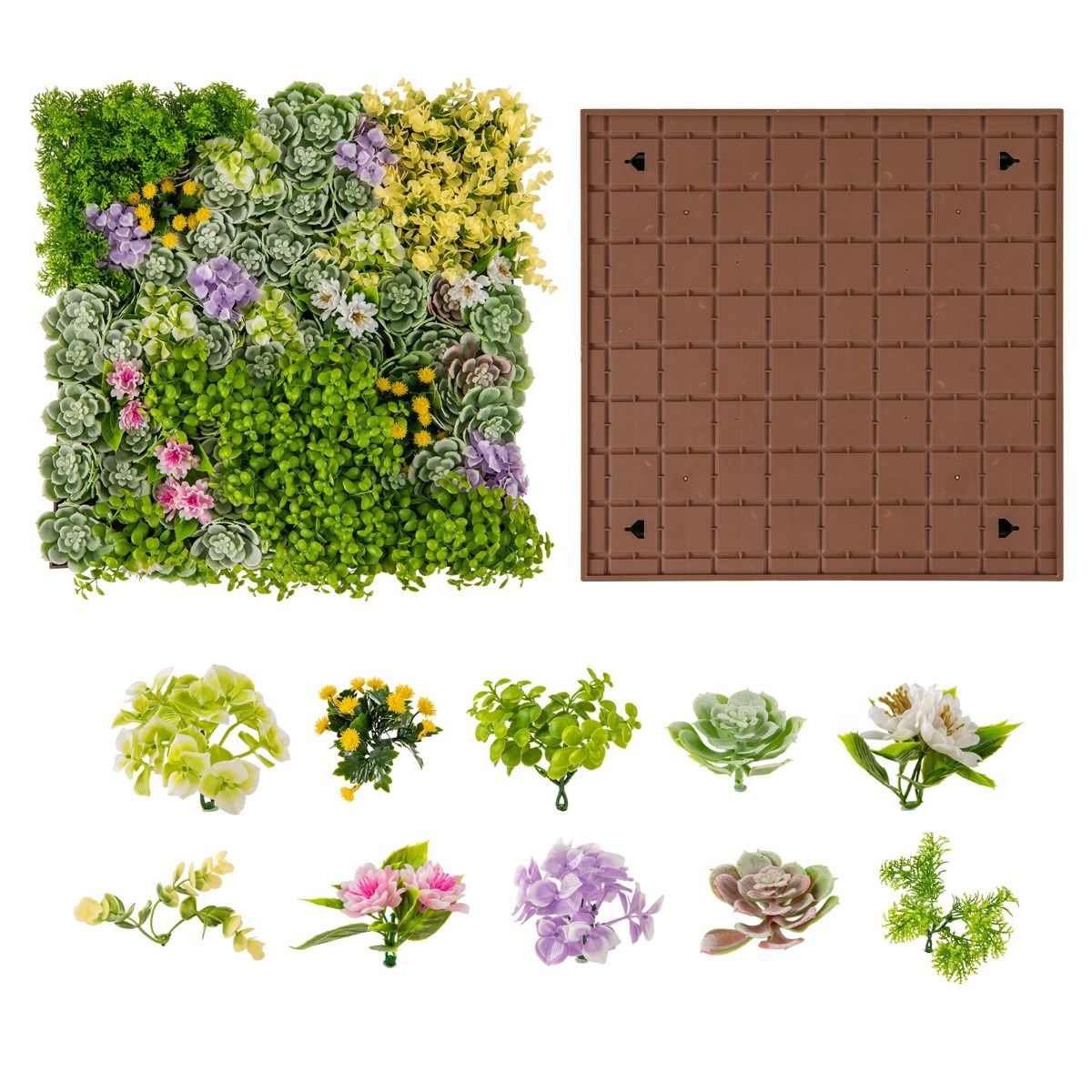 Panneaux muraux Coast avec plantes artificielles - lot de 2 - haie artificielle en 3D - mélange de 10 variétés de plantes - 50 x 50 cm - vert et marron