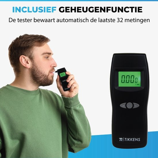 TIKKENS® Ethylotest numérique - Convient pour la France, les Pays-Bas, la Belgique, ... - Ethylotest - USB Rechargeable - Ethylotest - 10 embouts supplémentaires - Noir