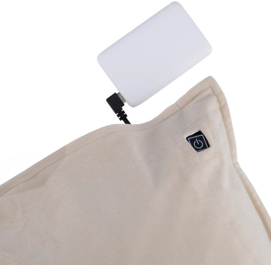 Coussin chauffant Alpina rechargeable avec batterie externe – Coussin chauffant électrique à 3 niveaux de chaleur – Coussin chauffant avec housse en polaire – 45 x 45 cm – Beige