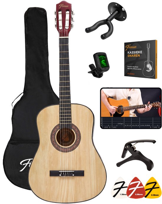 Guitare acoustique Finesse - avec cours vidéo - Cordes en nylon - Guitare classique - Guitare espagnole - Enfants - Adultes - Naturel