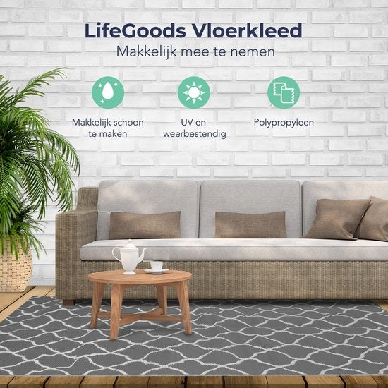 LifeGoods Tapis d'extérieur - 274x350CM - Tapis de jardin - Réversible - Sac de transport inclus - Avec motif - Gris/Blanc