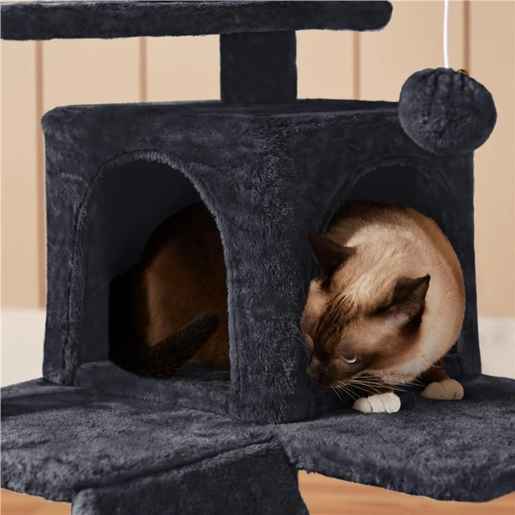 Yaheetech Poste à griffer pour chat 139 cm de haut - 3 plateformes d'observation - 2 enclos confortables pour chat - Noir