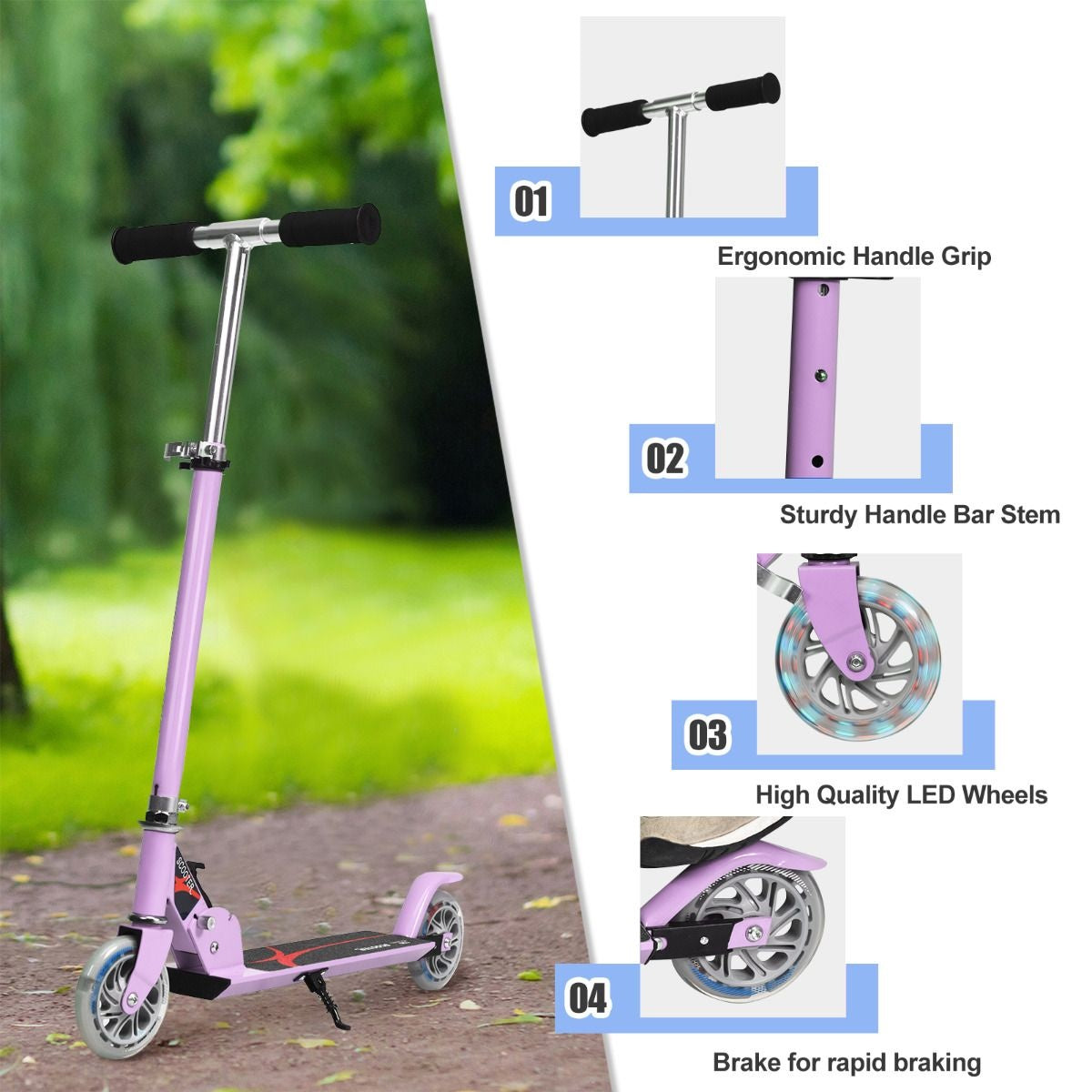 Trottinette Coast pliable à hauteur réglable avec 2 roues clignotantes pour enfants à partir de 4 ans violet