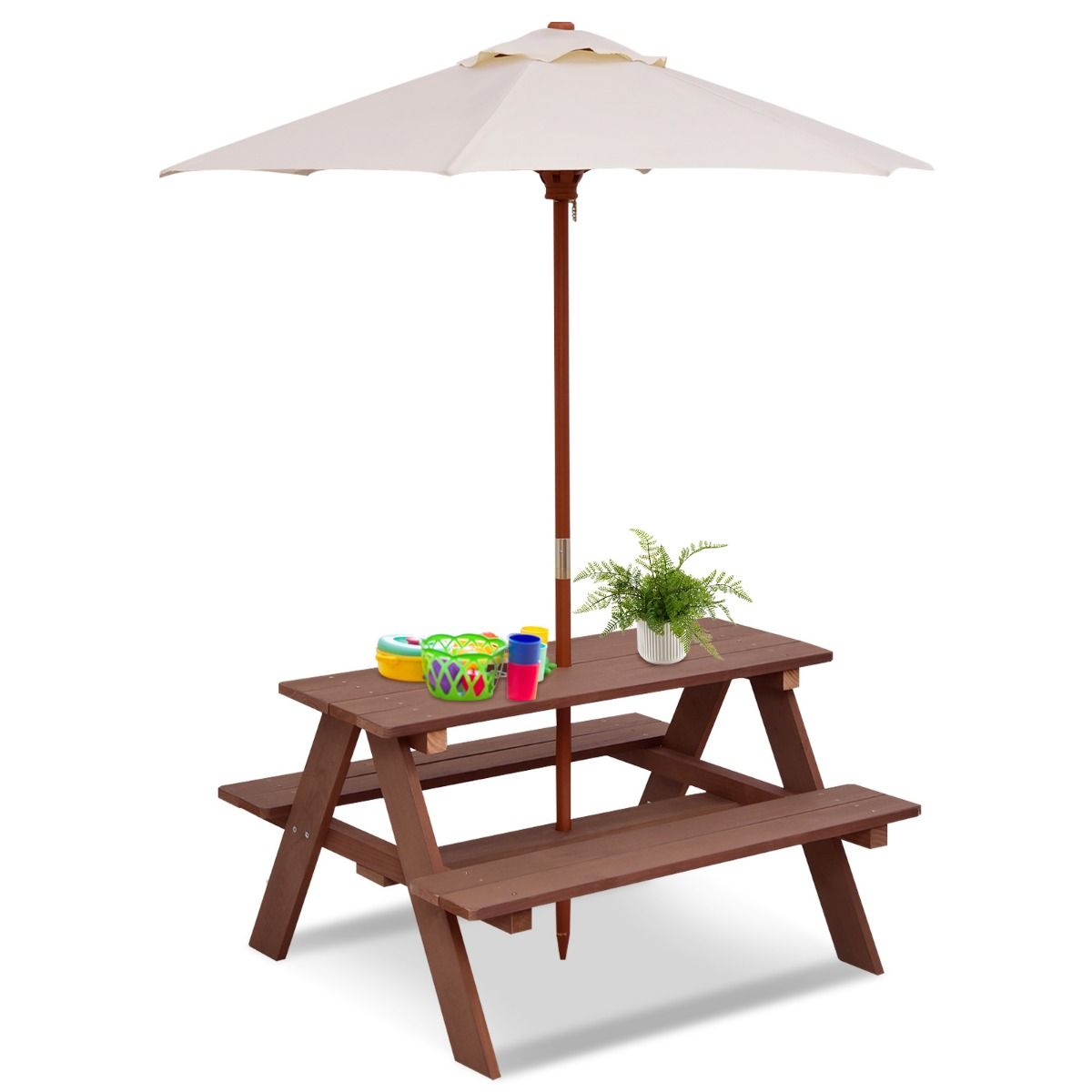Table de pique-nique pour enfants Coast - Table d'extérieur 3-en-1 avec parasol amovible - bancs en bois - couleur noyer