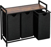 Brixy Panier à linge 3 compartiments - Trieur de linge - Extensible - Boîte à linge en métal - Capacité 117L - 90 x 33 x 70 cm - Noir/Marron