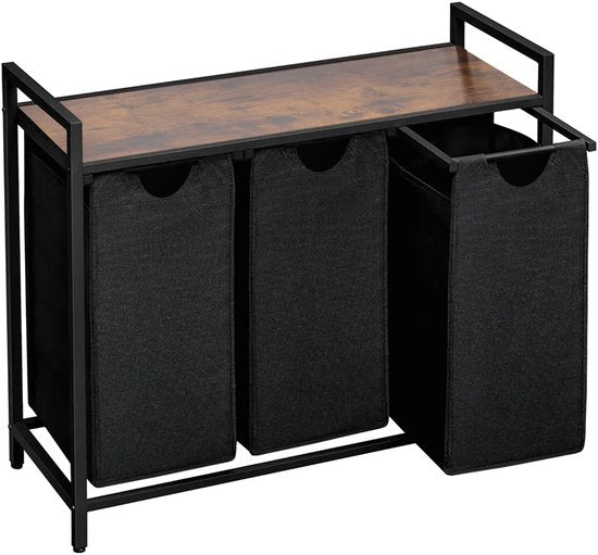 Brixy Panier à linge 3 compartiments - Trieur de linge - Extensible - Boîte à linge en métal - Capacité 117L - 90 x 33 x 70 cm - Noir/Marron