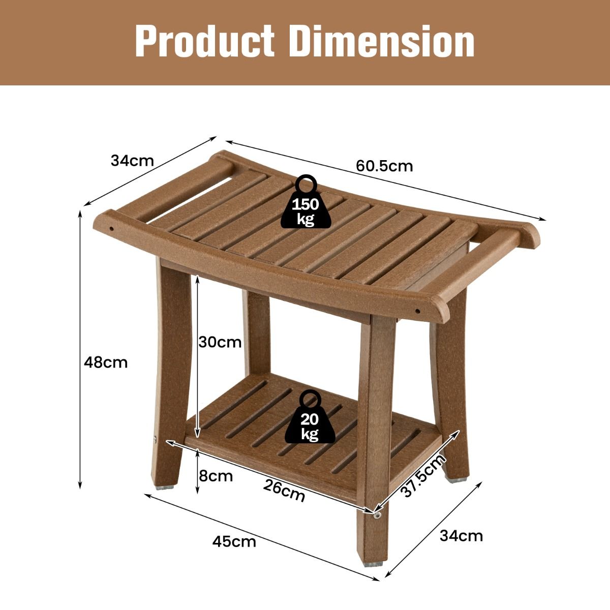 Tabouret de douche Coast - étanche - assise incurvée - tablette de rangement - marron - 60,5 x 34 x 48 cm