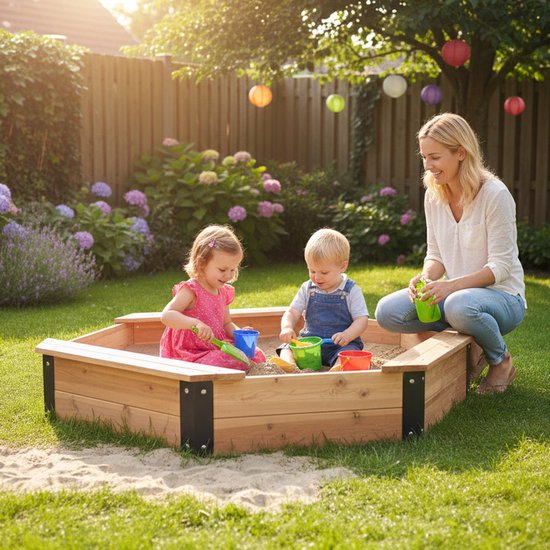 Bac à sable AXI Onno XXL 200 x 200 x 23 cm, couleur marron/anthracite – Avec bancs – Avec housse – Bois de cèdre 100 % certifié FSC – Bac à sable extra-large pour enfants