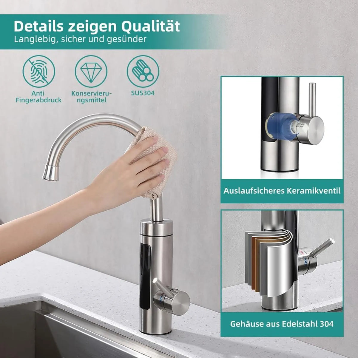 Robinet de cuisine électrique HOMELODY avec chauffe-eau instantané - 3 000 W - 230 V - Écran LED - Acier inoxydable - Argent brossé