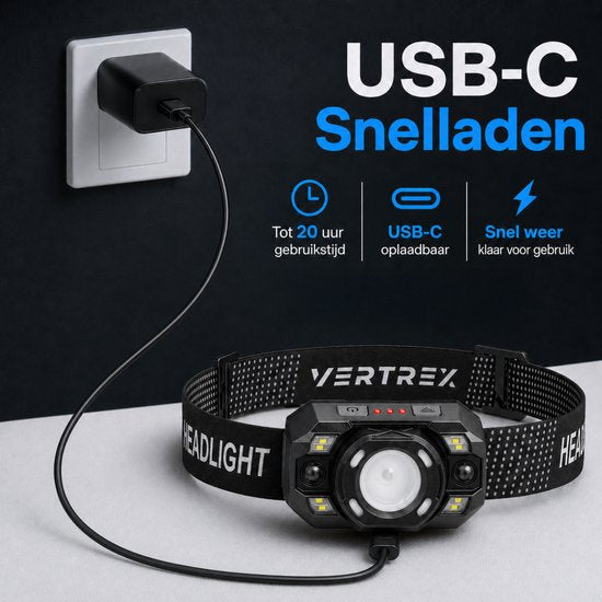 Lampe frontale LED rechargeable Vertrex - Faisceau lumineux réglable - USB-C - IPX5 - Noir