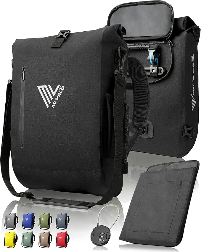 Mivelo Sac à vélo 3 en 1 - sac à dos vélo - sac à bandoulière étanche 100% sans PVC, avec compartiment pour ordinateur portable, sacoche pour tous types de porte-vélos - Noir