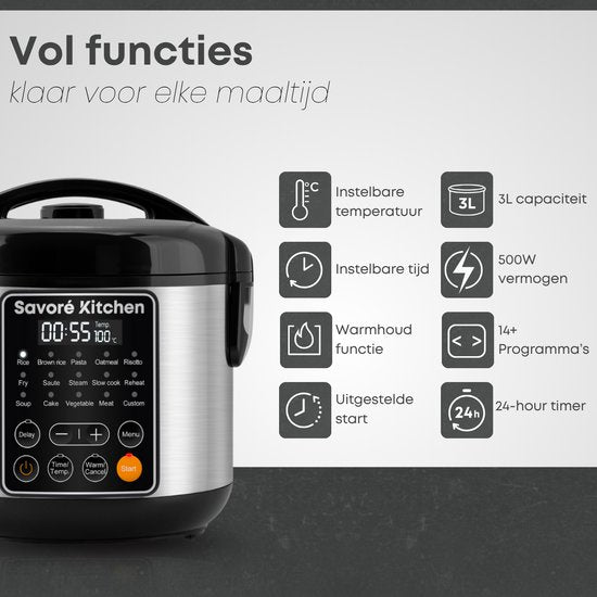 Savoré Kitchen Rice Cooker with Steamer - 3L - 14 Programmes - Multicooker - Rice Cooker - Slow Cooker - PFAS Free - Black stainless steel