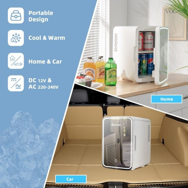 Coast Mini Fridge - Réfrigérateur portable avec miroir LED - 10L - 23 x 28 x 34 cm - Blanc