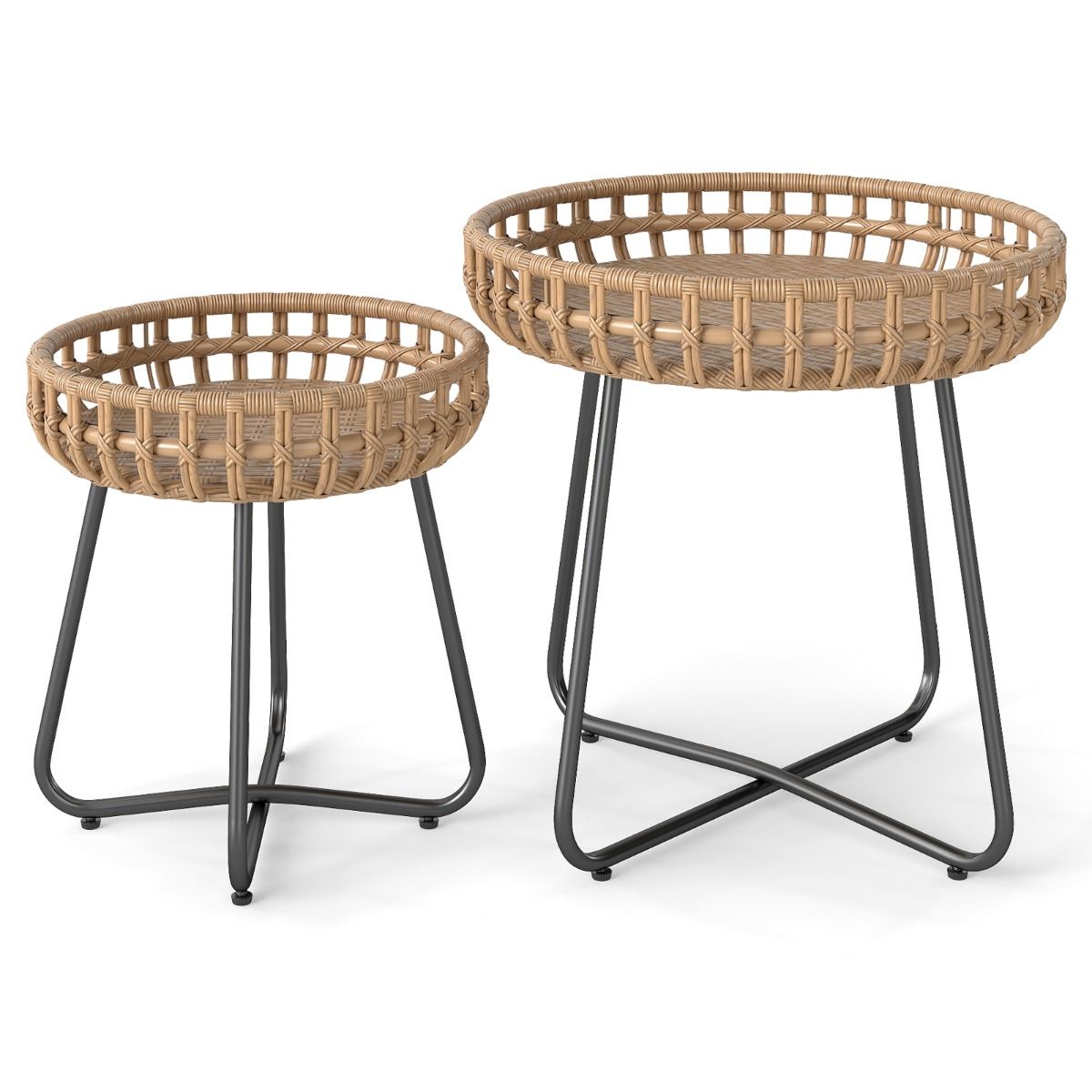 Ensemble Coast de 2 tables basses rondes - Rotin tressé à la main - Piètement en métal - Marron et noir