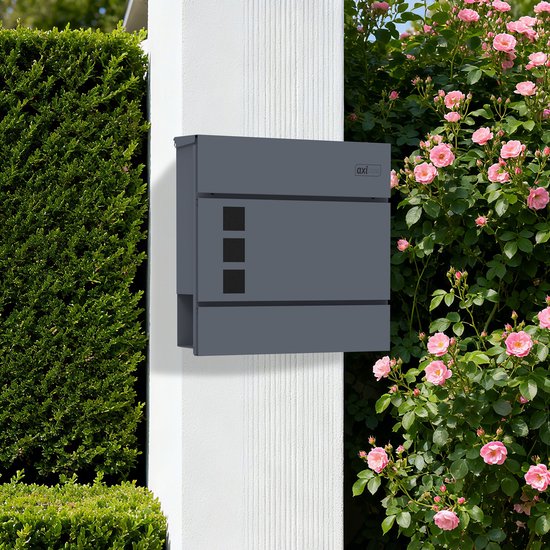 Boîte aux lettres AXI Jonas en métal – Anthracite – Boîte aux lettres en acier avec serrure – Modèle mural – 37 x 11 x 37 cm – 2 clés incluses – Avec porte-journaux – Résistante aux intempéries