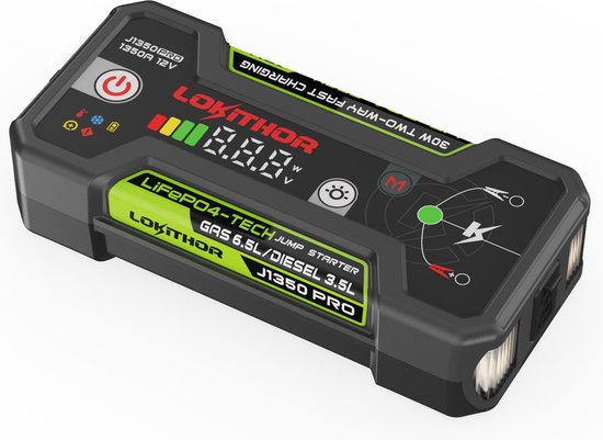 Lokithor Jumpstarter J1350 PRO - 12 V 1 350 A LiFePO4 - Batterie externe 30 W - Pour voiture, essence jusqu'à 6,5 L et diesel jusqu'à 3,5 L - Lampe de poche LED