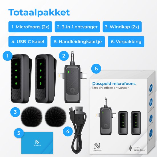 Nuvance Wireless Microphone - 2 Pieces - Microphone sans fil - Mini Tie Pin Microphone - Lavalier - 3 in 1 - Incl. 2 Windshields