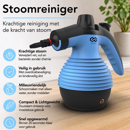 Nettoyeur vapeur Infinity Goods - Nettoyeur vapeur à main 12-en-1 - Nettoyeur vapeur à main - Détachant - Nettoyeur de tapis - 10 embouts - 1 050 watts - 3,2 bars - Bleu