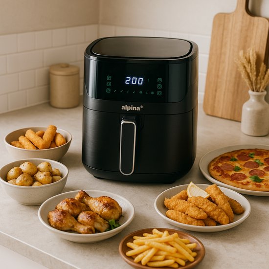 Alpina Airfryer XL - Friteuse à air chaud 6 L - Air Fryer pour 2 à 5 personnes - Four à air chaud avec écran tactile numérique - Température réglable de 80 à 200 degrés - Fonction minuterie - 8 programmes de cuisson