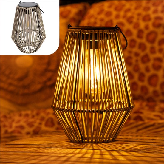 Gadgy Lampe solaire de jardin en rotin beige - Lampe solaire de jardin - Lampe solaire de table avec connexion USB - Lampe d'extérieur - Statue de jardin - Lanterne de jardin avec capteur jour/nuit - Eclairage pour l'extérieur - Lanterne de jardin