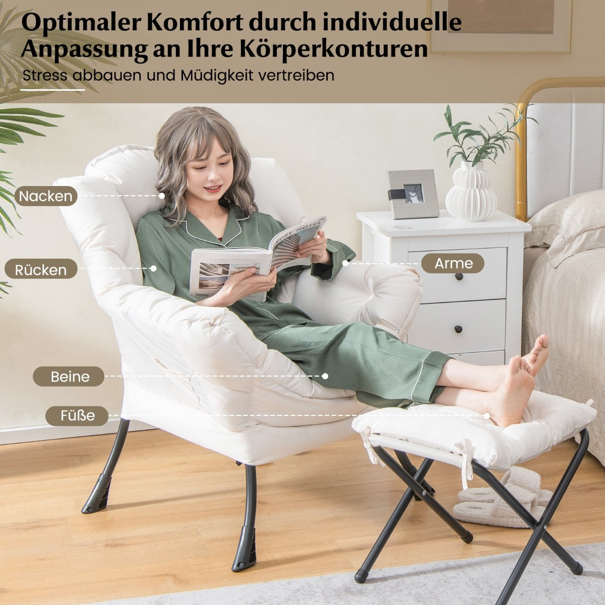 Fauteuil côtier avec relief et accoudoir & pochette latérale et repose-pieds fauteuil relax beige beige