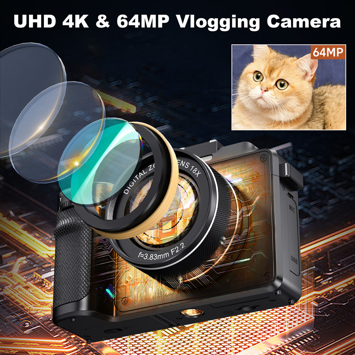 Appareil photo numérique 4K KOMERY X9 - 64 MP - noir