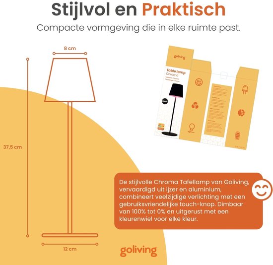 Goliving Chroma Table Lamp Rechargeable - Sans fil et dimmable - Lampe tactile - Lampe de nuit Chambre et salon - RGBW - 37,5 cm - Noir