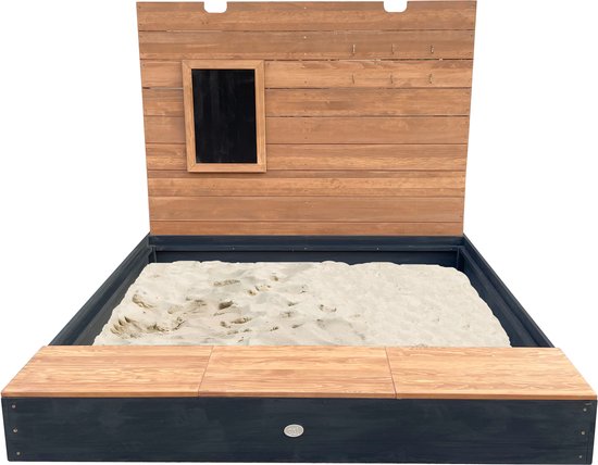 Bac à sable AXI Mandy XXL avec espace de rangement et couvercle - Avec banc et tableau à craie - Toile de protection incluse - 160 x 151 cm - Anthracite/Marron