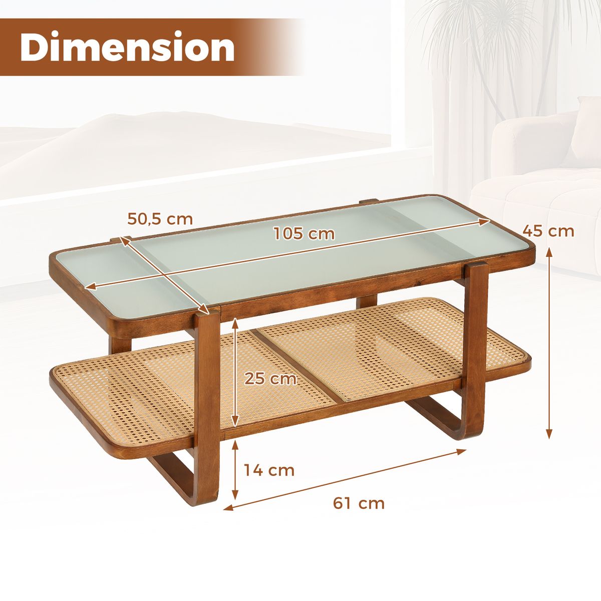 Table basse Coast - conception à deux niveaux - verre de sécurité et osier - noyer - 105 x 50,5 x 45 cm