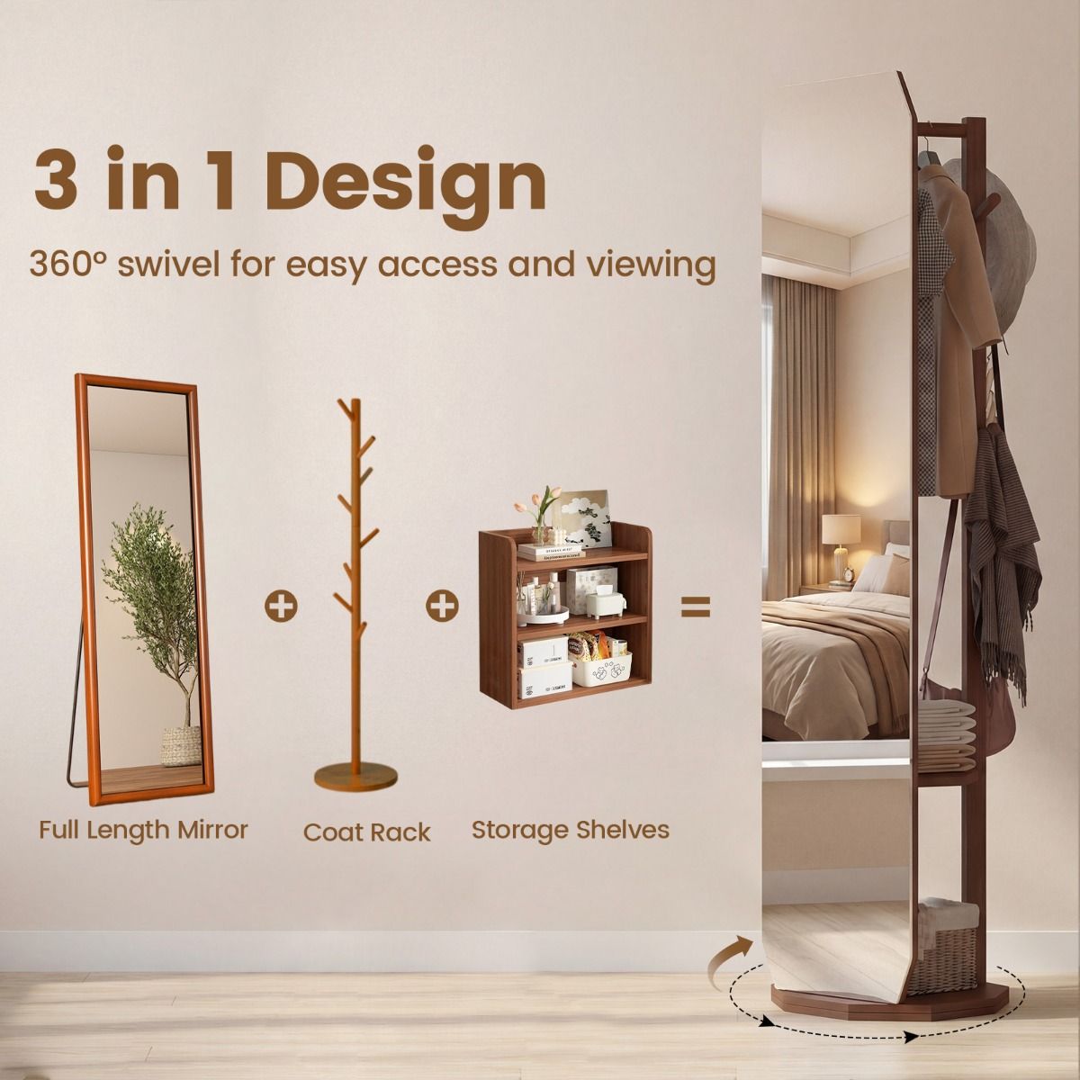 Miroir en pied Coast avec pied - Armoire 3-en-1 - Pivotant à 360° - Noyer