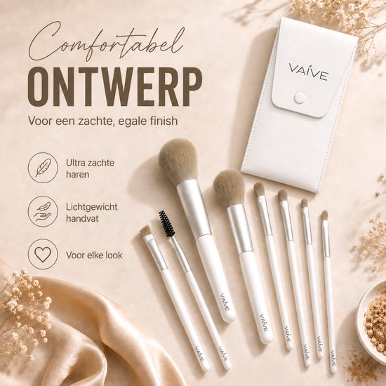 Ensemble de pinceaux de maquillage Vaive, 9 pièces - Pinceaux vegan - Pinceaux pour fond de teint, ombre à paupières, blush, kabuki et poudre bronzante - avec trousse - Blanc