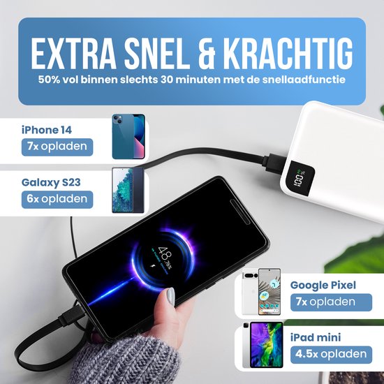 Strex Powerbank White - 27 000 mAh - Chargeur rapide 22,5 W - USB-A/USB-C - Indication LED - Powerbank universel adapté à iOS/Android, entre autres