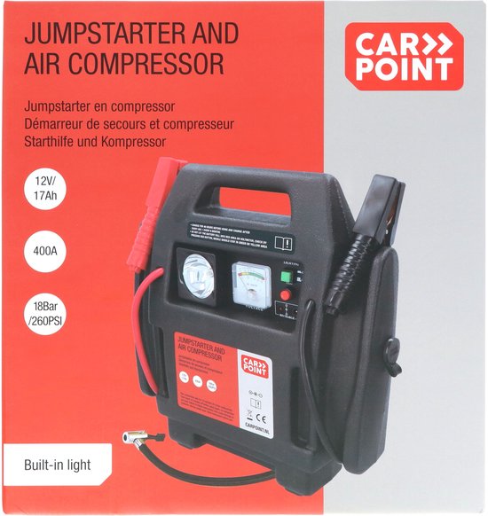 Carpoint Jumpstarter – 12 volts – Avec compresseur d'air – Puissance de crête 400 A – Rechargeable avec un adaptateur 230 volts ou 12 volts