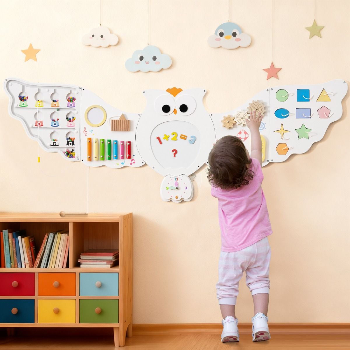 Panneau d'activités mural Coast « Chouette » - Panneau d'activités éducatif 11-en-1 - Jouet Montessori - blanc