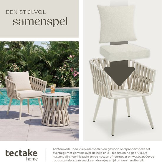 Ensemble de jardin tectake® Lugano - Chaise de jardin - Chaise longue avec table d'appoint - Chaise d'extérieur au design « corde » avec structure en aluminium - Fauteuil d'extérieur avec coussins épais - Ensemble de détente pour le jardin ou le balcon -