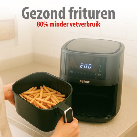 Alpina Airfryer XL - Friteuse à air chaud 6 L - Air Fryer pour 2 à 5 personnes - Four à air chaud avec écran tactile numérique - Température réglable de 80 à 200 degrés - Fonction minuterie - 8 programmes de cuisson