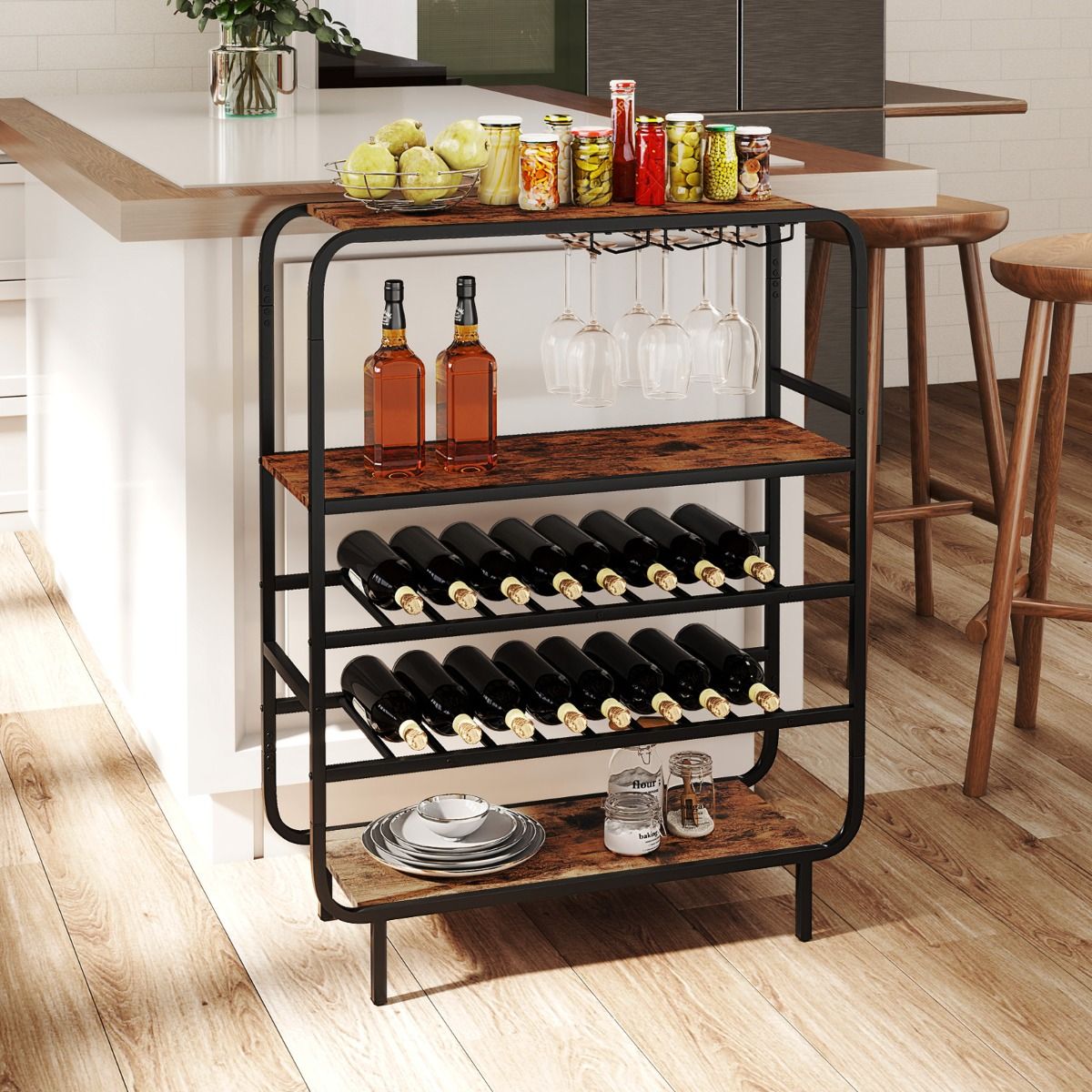 Étagère à vin Coast - cinq étages - porte-verres et plateau - noir et marron rustique - 91 x 35 x 117 cm