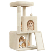 Yaheetech Cat Post With 2 Cat Houses - Fitted With Sisal Scratching Post And Scratching Board And Viewing Platform - For Small And Medium Cats - Beige Plush And Particleboard - 60 x 45 x 106 cm