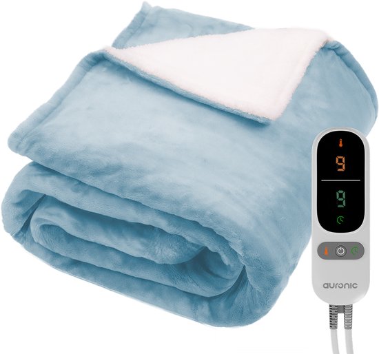 Couverture électrique Auronic - 200x180cm - Couverture chauffante - 2 personnes - Polaire Sherpa - 9 niveaux de chaleur et minuterie - Couverture - Couverture chauffante - Bleu clair