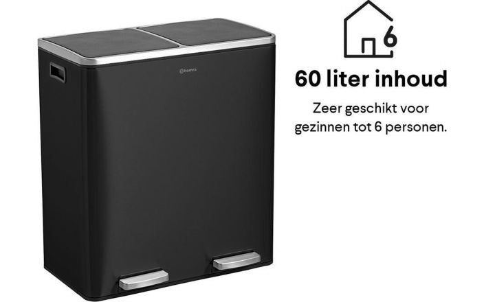 Homra QUICKX Duo - Poubelle - Séparation des déchets - 2 compartiments - acier inoxydable - 60 litres (2x30 L) - Noir