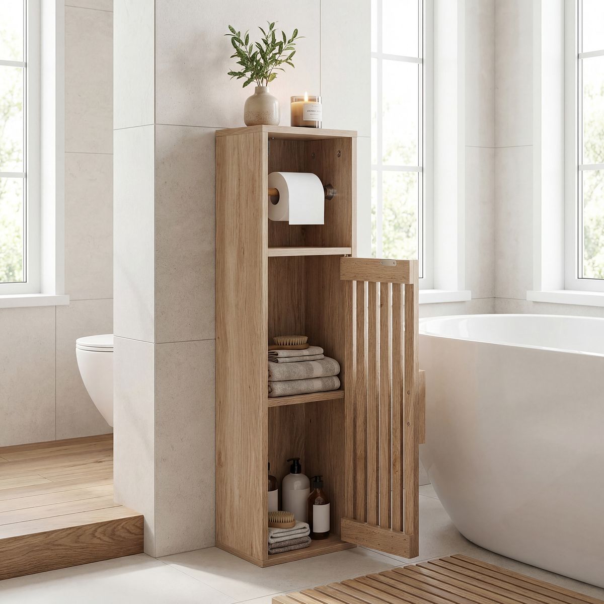 Armoire de salle de bains Coast Smalle - porte-papier toilette - étagère réglable - couleur naturelle 20 x 19 x 78 cm