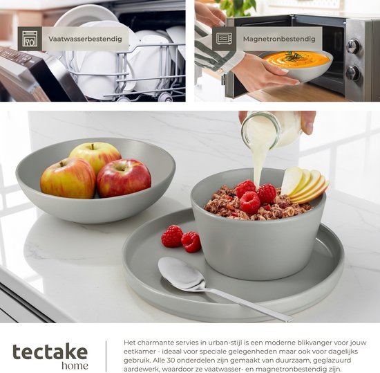 tectake® Service de table Una - 30 pièces - Grès - 6 couverts - Service de table élégant et durable - Ensemble comprenant des grandes et petites assiettes, des bols, des coupelles - Tasses - Gris