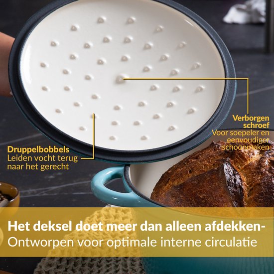 Casserole en fonte Chefarone 4,7 L - Sans PFAS - Casserole avec couvercle - Compatible avec toutes les sources de chaleur - Émaillée bleue