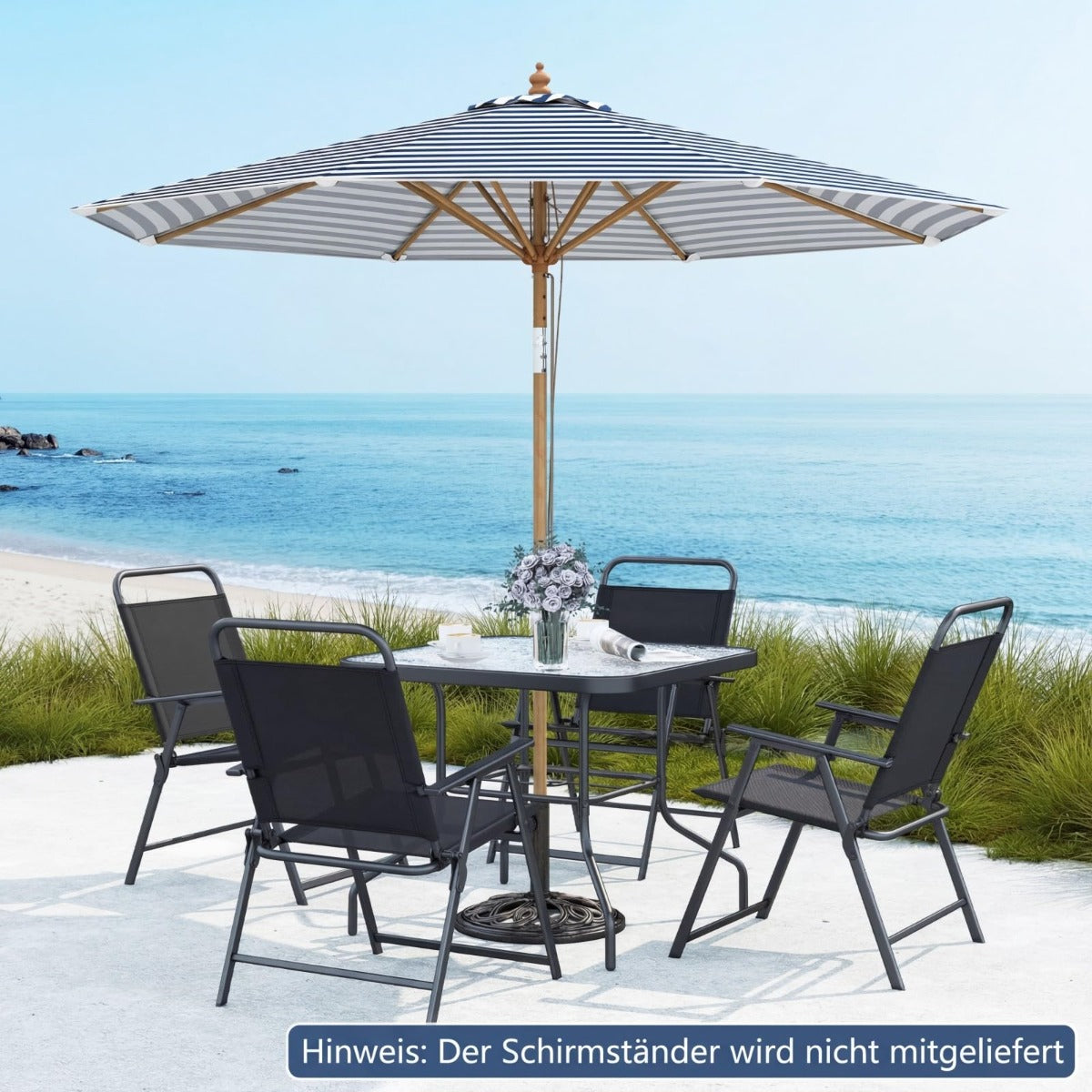 Parasol en bois Coast 270 cm - rayures bleues et blanches